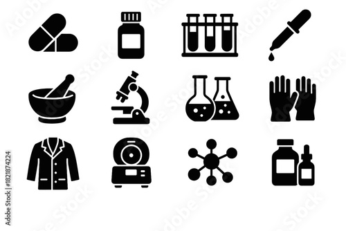 Medicine pharmaceutical lab icons bottles vector tubes mortar molecular icon reagent test