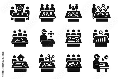 Team projection icons icon station desk vector smart shared workspace holographic collaboration