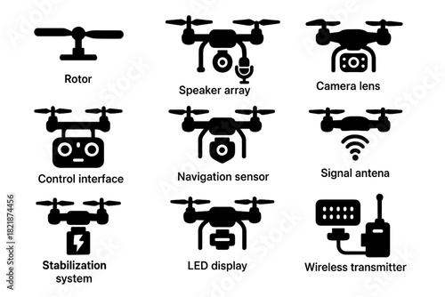 Sensor display icon system lens drone transmitter communication vector navigation icons control