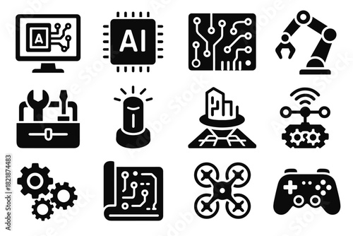 Ai robotic engineering pad blueprint control chip holographic vector icon beam system