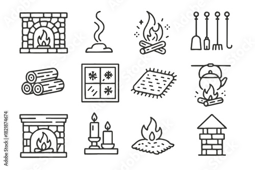 Vector cozy burning top icon fire fireplace window decorative wooden smoke kettle