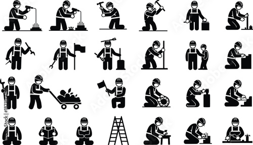 Construction worker pictogram set illustrating labor, civil engineering, repair, building, maintenance, and industrial jobs, depicting various equipment, tools, and poses in simple