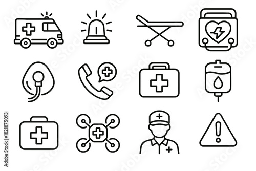 Alert first medical oxygen stretcher kit health defibrillator icon emer vector