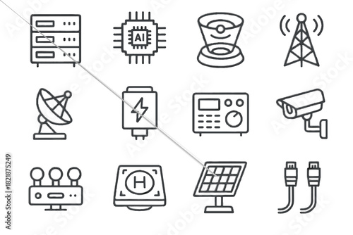 Energy network tower cables satellite control array icon panel vector smart server