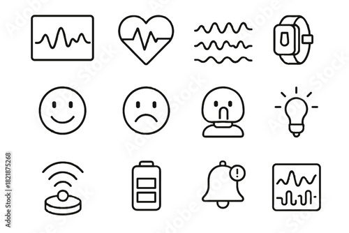 Vector wireless icons wearable assistant tracking graph notification heart emotional led battery
