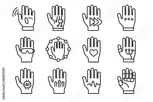 Biofeedback gesture device sensing icon futuristic vector glove interactive ai control gloves