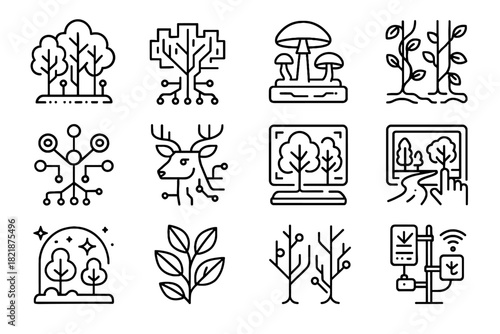 Branches plants smart icon holographic icons digital vines mushrooms vector forest futuristic
