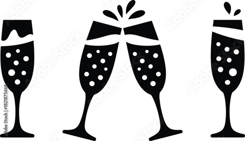 Black silhouette champagne glass set featuring clinking toasting flutes with splashes for wedding and New Year celebration