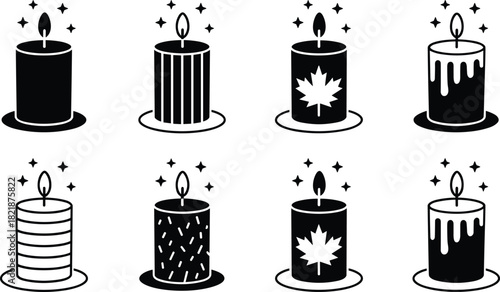 Burning candle silhouette icon set featuring melting wax stripes and maple leaf for festive winter holiday decoration