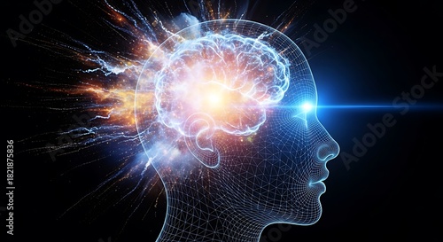 Wallpaper Mural Abstract representation of a brain inside a wireframe head against a dark background Torontodigital.ca