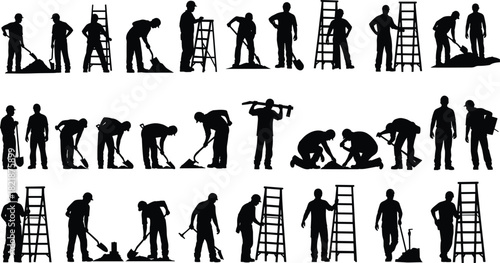 Construction worker, builder, handyman, and laborer silhouettes performing various manual tasks like digging, climbing ladders, shoveling soil, and groundwork, isolated vector