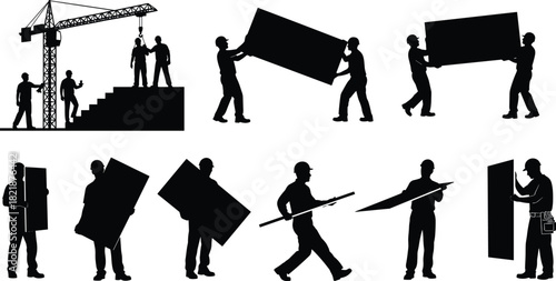 Construction Worker Silhouettes Set: Laborers Building, Carrying Heavy Materials, Moving Panels, Working on Site with Crane, Industrial Safety, Teamwork, and Manual Job Icons