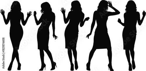 Elegant Female Silhouettes: Set of Five Beautiful Women in Party Dresses, Posing Confidently and Dancing, Perfect for Nightclub, Fashion, and Glamour Design Projects, Isolated on White