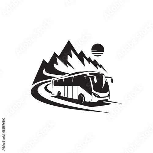 a black and white vector illustration depicts a tour bus traveling through a mountain landscape with a rising sun silhouette