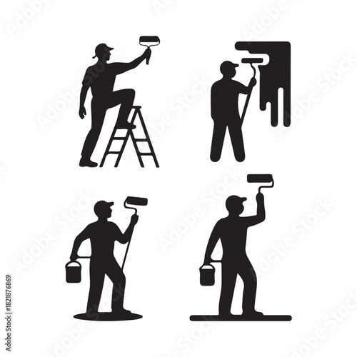 depicting various painting professionals at work including those on ladders and carrying paint silhouette high quality