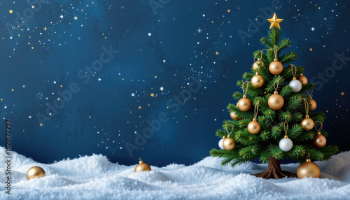 Christmas tree decorated with golden and white baubles stands snow with starry night sky background, festive and peaceful scene