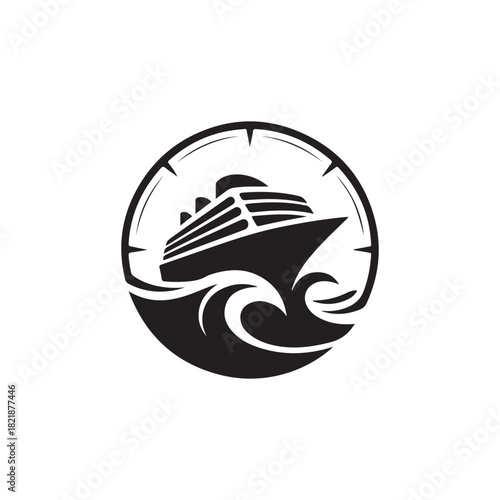 a circular emblem featuring a ship sailing on waves with a compass rose design as a backdrop silhouette