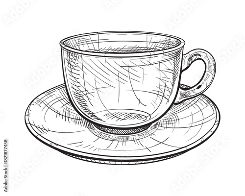 Cup and saucer. Vector hand drawn illustration of cup for tea or coffee in engraved style. Ceramic, glass, porcelain household kitchen utensils. Black and white sketch isolated on white background