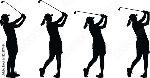 Powerful Female Golfer Swing Sequence Silhouette Illustration, Dynamic Motion Capture of a Woman's Professional Golf Game, Fitness Sport and Athletic Competition Vector Art