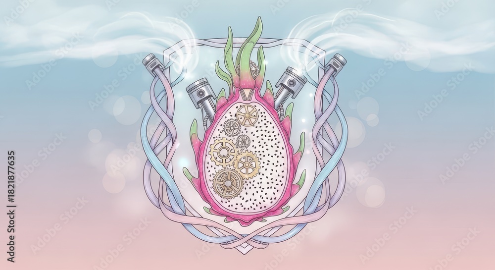 Obraz premium Hybrid fruit design incorporates mechanical elements within a soft, pastel background