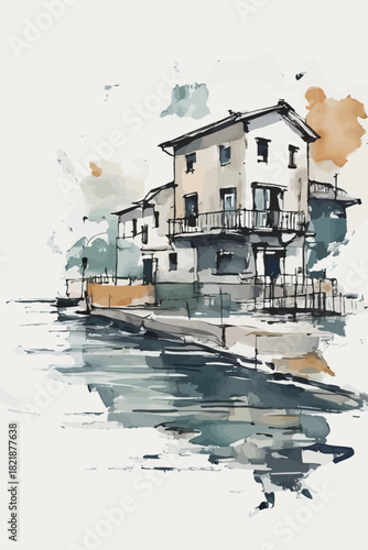 house on the riverside artistic painting wall art in vector