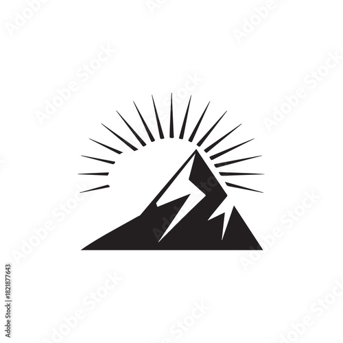 A striking depiction of a mountainous landscape bathed in radiant sunlight presented as a bold silhouette