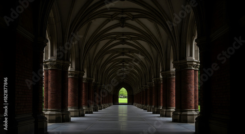 Symmetric view of a dark gothic brick arched hallway with vaulted ceiling