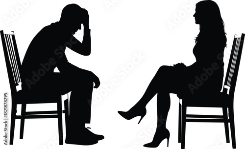 Marital relationship problems silhouette, unhappy couple sitting separate on chairs, communication breakdown, man stressed with head in hands, woman looking away,