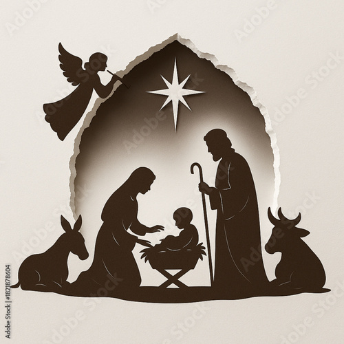 Torn paper edge nativity silhouette figures deep rip white background flat holiday illustration