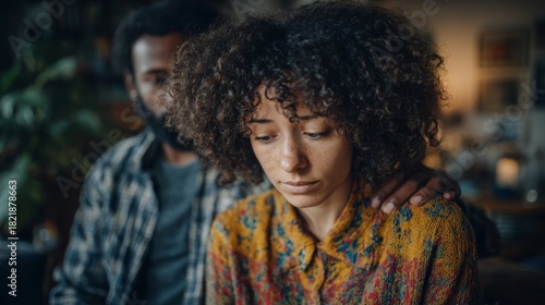 Couple experiences emotional moment while discussing personal issues in a cozy indoor setting