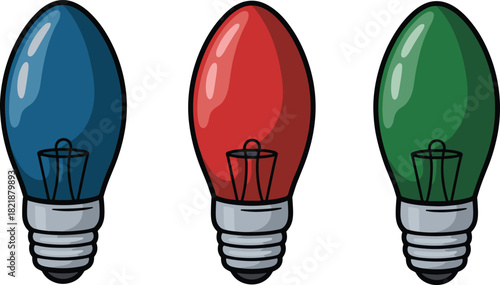 Colorful cartoon Christmas light bulb set featuring red green and blue lamps for festive winter holiday garland decoration
