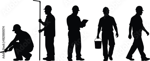 Professional Construction Workers Silhouette Collection: Diverse Builders and Engineers in Safety Gear, Working, Surveying, Planning, Walking, and Carrying Equipment for Housing