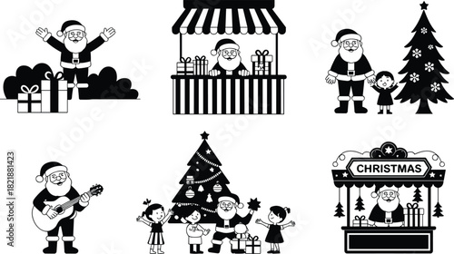 Cute Santa Claus silhouette collection with kids gifts and market stalls for festive winter holiday vector graphic design projects