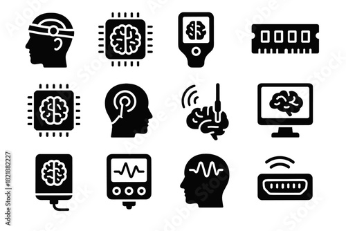 Sensor icon processor data scanner vector cognitive signal memory module analyzer icons