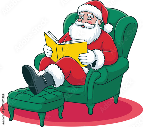 Funny cartoon Santa Claus character sitting in green armchair reading a story book for relaxing winter Christmas holiday design
