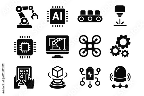 Fabrication arm sensor icons hub automated ai energy blueprint control vector icon