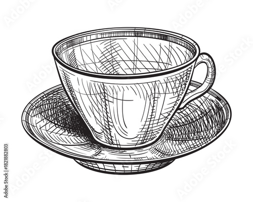 Cup and saucer. Vector hand drawn illustration of cup for tea or coffee in engraved style. Ceramic, glass, porcelain household kitchen utensils. Black and white sketch isolated on white background