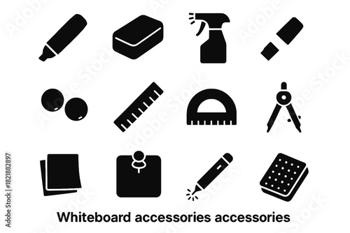 Icon sticky set compass tool whiteboard board pen vector eraser laser spray