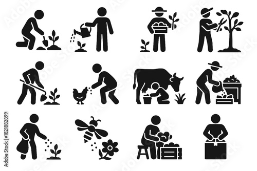 Icons composting milking pruning fertilizing weeding farm vector pollinating harvesting icon planting