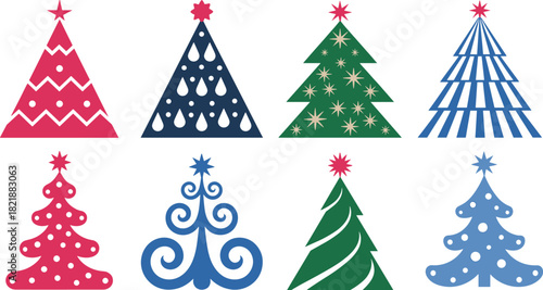 Set of colorful stylized Christmas trees with geometric and swirl patterns for modern festive winter holiday graphic decoration