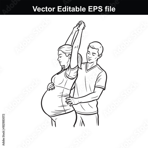 A pregnant woman and a man performing a gentle stretch together, symbolizing support and care during pregnancy, isolated on white background