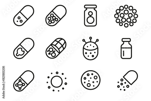 Set particle pod icon vector microcapsule enzyme therapeutic smart biomedical capsule