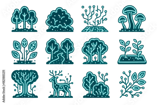 Trees luminous neon leaves icons vines canopy connected icon forest vector virtual