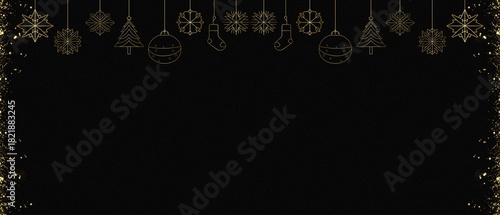 Elegant Christmas frame with gold garland of icons on black background and copy space. Features trees, snowflakes, ornaments, stockings, and stars. Perfect for greeting cards and festive design.