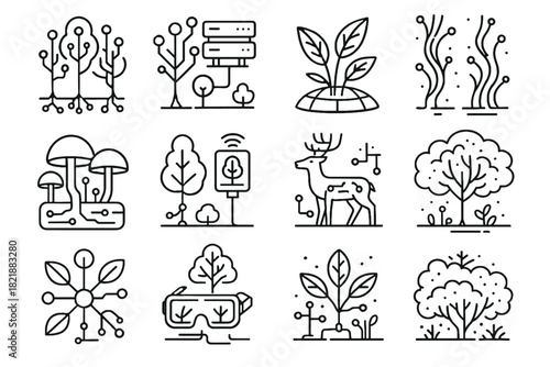 Trees nodes icon augmented wildlife holographic forest reality digital foliage vector icons