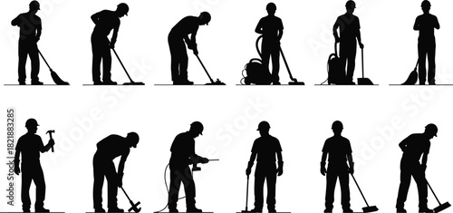 Silhouette Workers Cleaning Construction Maintenance Repair Services Set Vector, Industrial Laborers with Tools Including Brooms Vacuum Hammers in Various Poses for Safety and Efficiency Stock