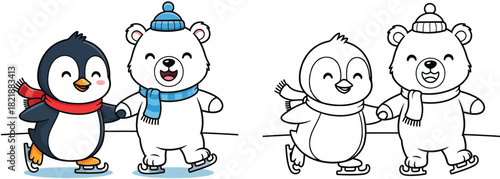 Cute cartoon penguin and polar bear ice skating together holding hands with coloring page outline. Vector illustration of happy winter animal friends doing sports
