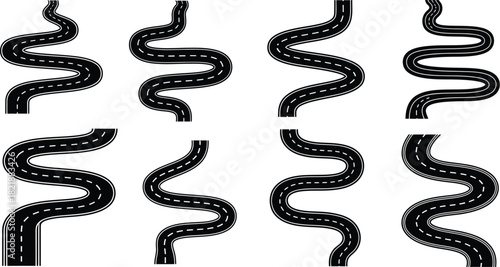 Winding road illustrations a collection of curved and serpentine pathways depicted