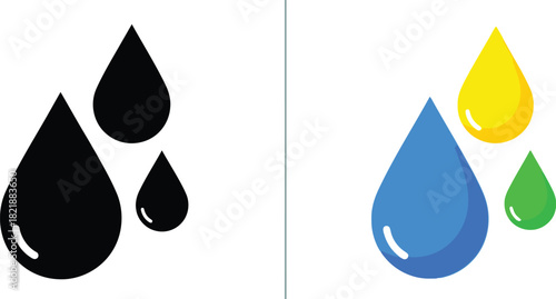 Colorful water droplets depiction black yellow blue and green liquid forms