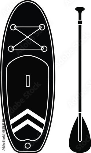 Black and white illustration of a stand up paddleboard and paddle
